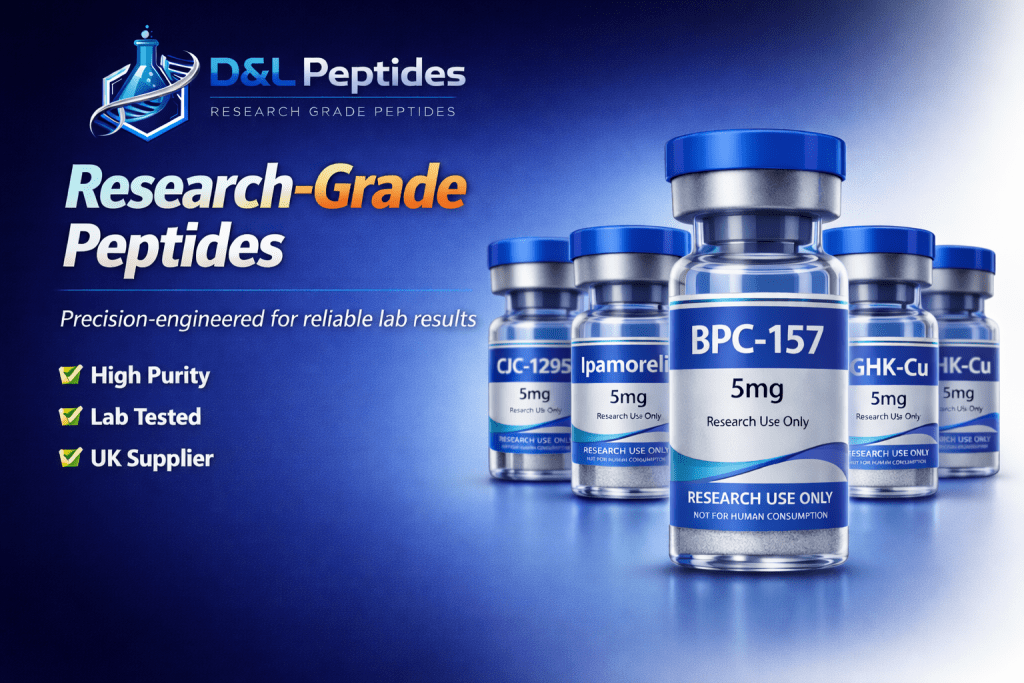 Research-grade peptide vials including BPC-157, CJC-1295, Ipamorelin, MOTS-c and GHK-Cu with DL Peptides branding