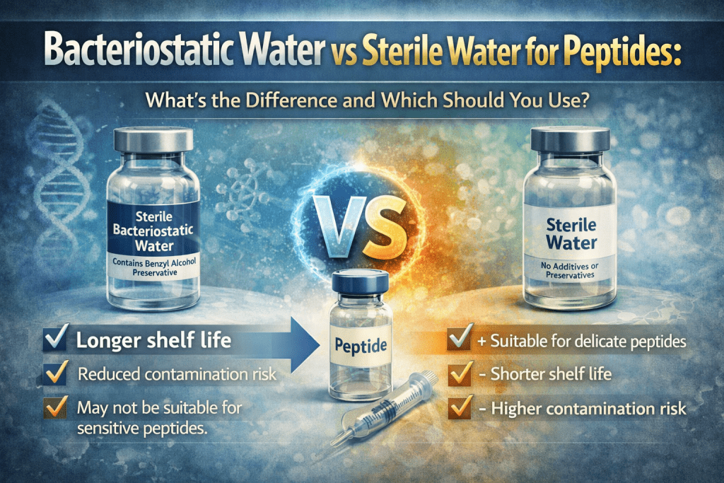 Comparison of bacteriostatic water vs sterile water for peptides showing differences in preservatives, shelf life, and contamination risk