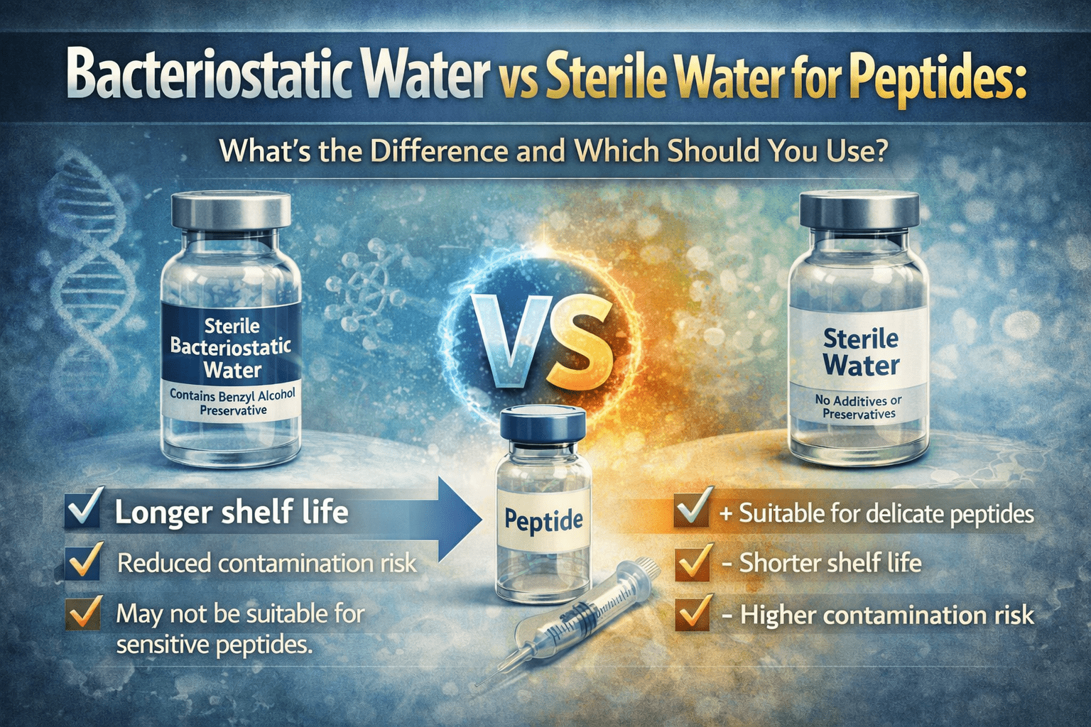 Comparison of bacteriostatic water vs sterile water for peptides showing differences in preservatives, shelf life, and contamination risk