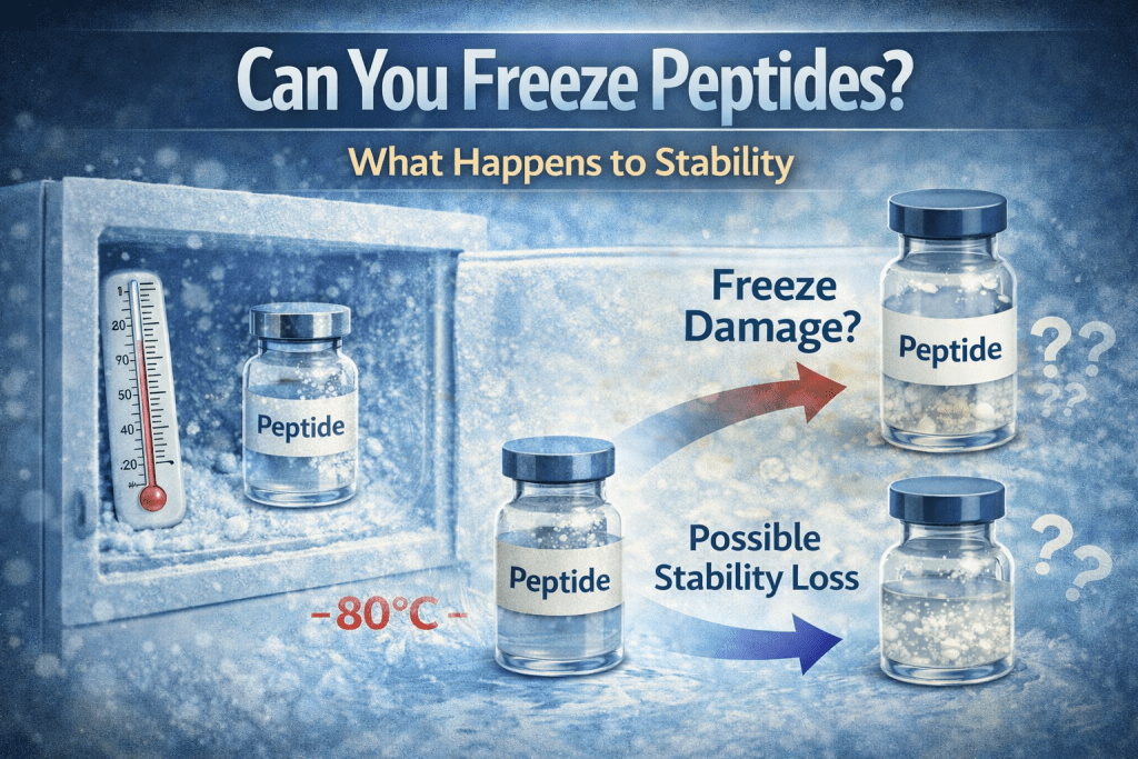 Peptide vials in freezer at -80°C showing potential stability loss and effects of freezing on peptide solutions