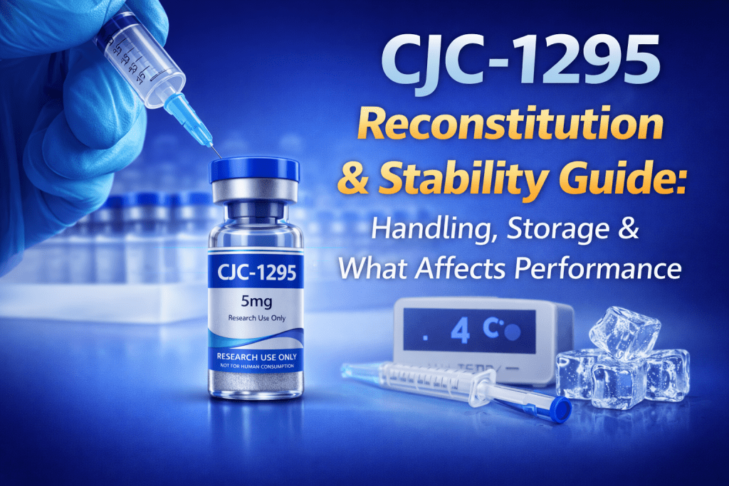CJC-1295 peptide reconstitution with syringe, vial, and cold storage setup showing 4°C stability conditions