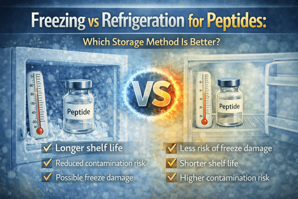 Comparison of freezing vs refrigeration for peptide storage showing differences in shelf life, stability, and contamination risk