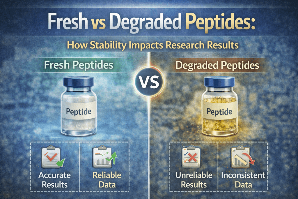 Comparison of fresh vs degraded peptides showing impact on research results including accuracy, reliability, and data consistency