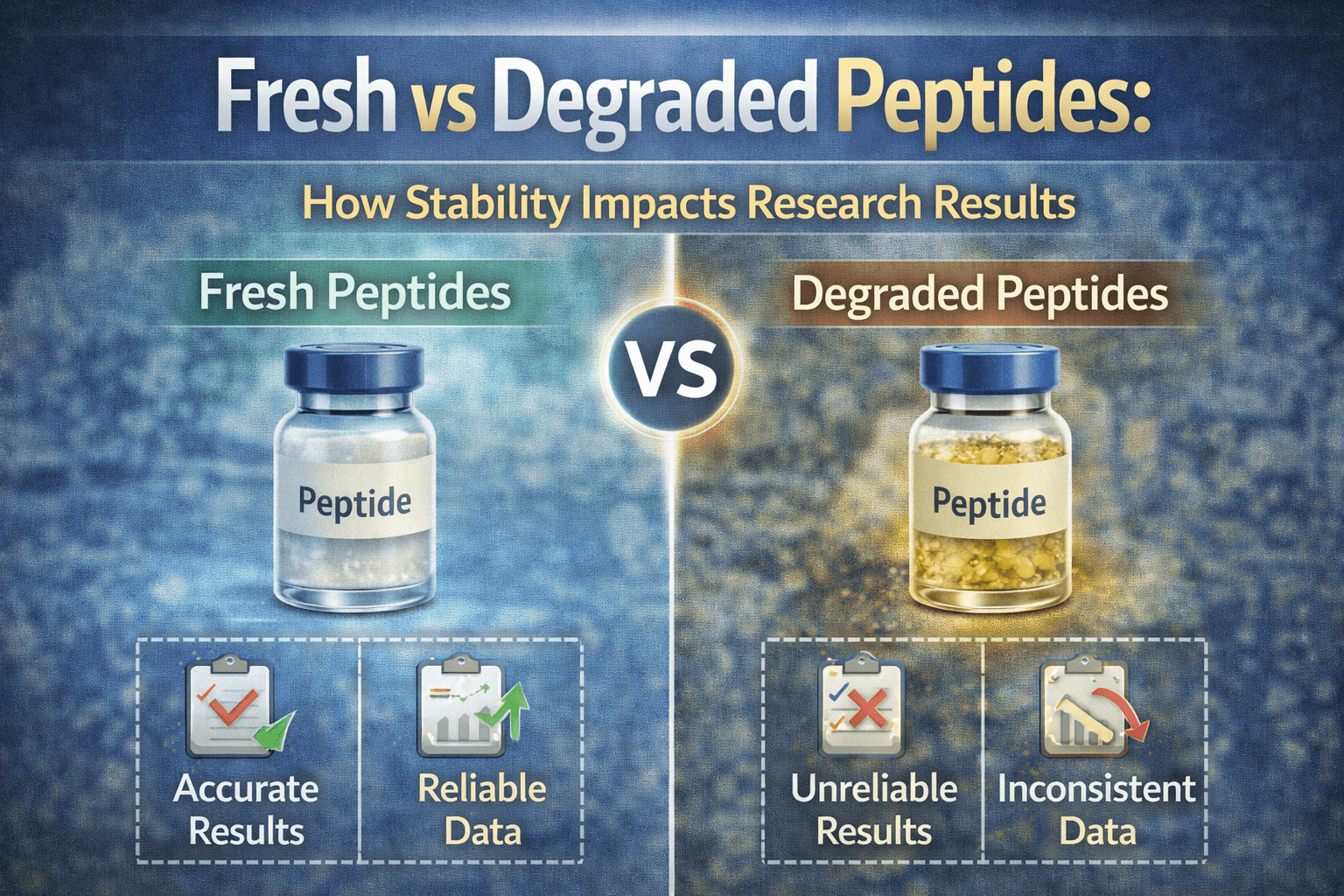 Comparison of fresh vs degraded peptides showing impact on research results including accuracy, reliability, and data consistency