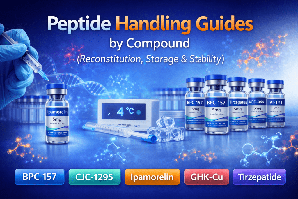 Peptide handling guide showing reconstitution, storage and stability with syringe, vial and cold storage setup