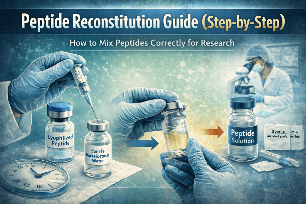 Step-by-step peptide reconstitution guide showing how to mix lyophilised peptides with bacteriostatic water for research