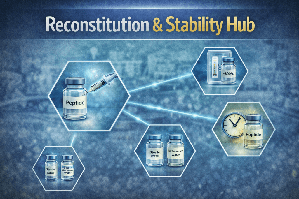 Peptide reconstitution and stability hub graphic showing mixing, storage, temperature control, and peptide handling processes
