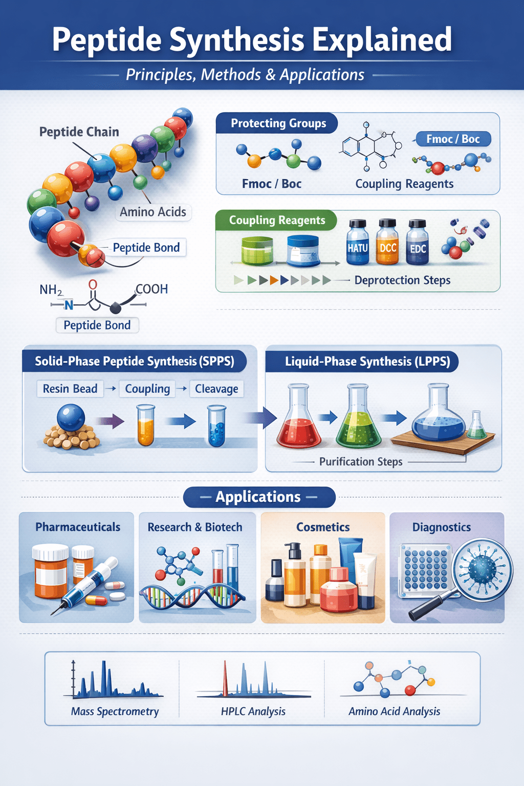 Peptide synthesis explained infographic showing SPPS, LPPS, protecting groups, coupling reagents, and applications in pharmaceuticals and research
