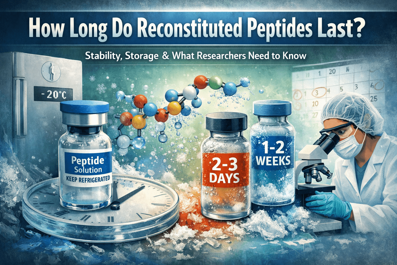 Reconstituted peptide vials showing storage conditions and stability timeframes for research use