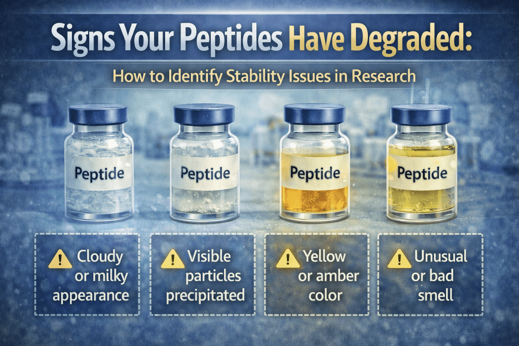 Peptide vials showing signs of degradation including cloudiness, particles, discoloration, and contamination in research samples
