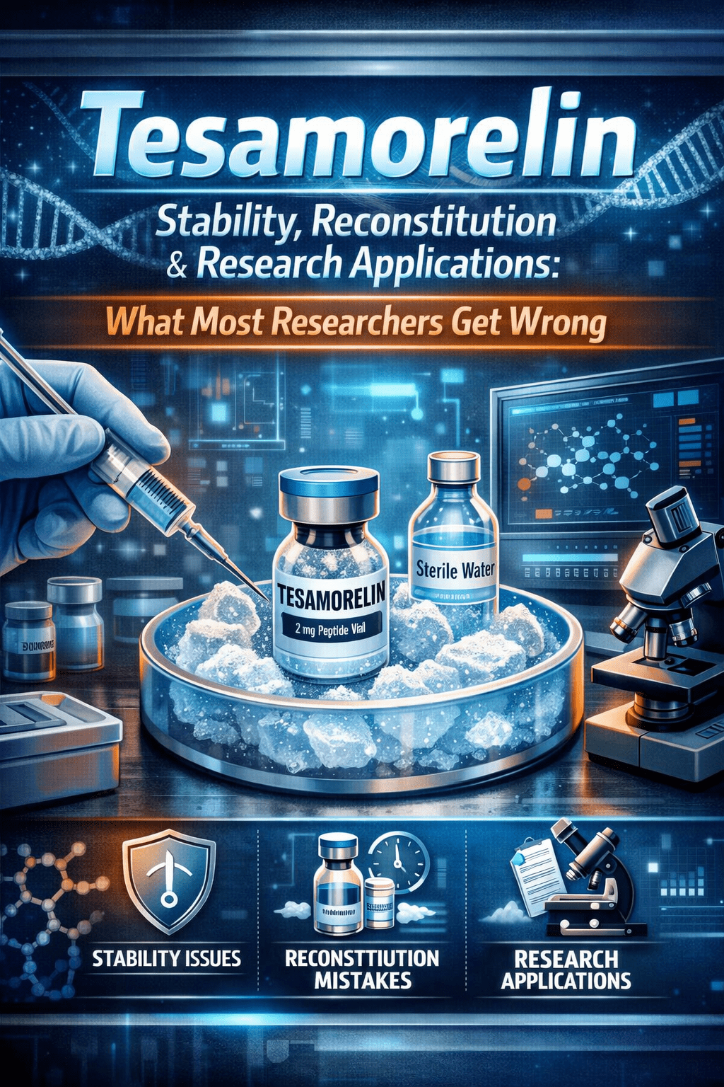 Tesamorelin peptide vial with sterile water and lab equipment illustrating stability, reconstitution methods, and research applications