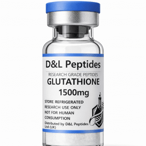 Glutathione peptide 1500mg research vial from D&L Peptides containing lyophilised tripeptide powder