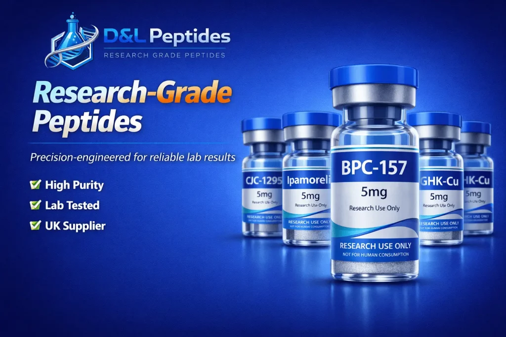 Research-grade peptide vials including BPC-157, CJC-1295, Ipamorelin, MOTS-c and GHK-Cu with DL Peptides branding